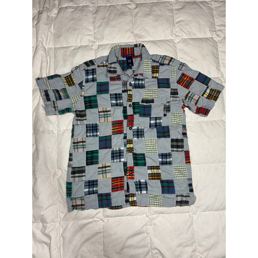 Gap Kids Boys Patchwork Plaid Button Down Shirt Multi Color Short Sleeve M 8